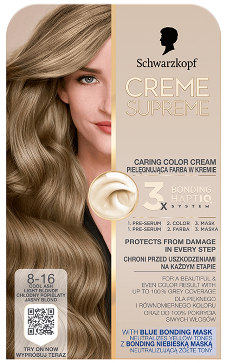 CREME SUPREME SCHWARZKOPF, CREME SUPREME, plaukų dažai, 8-16 NATURAL ASH BLONDE, 1 vnt.