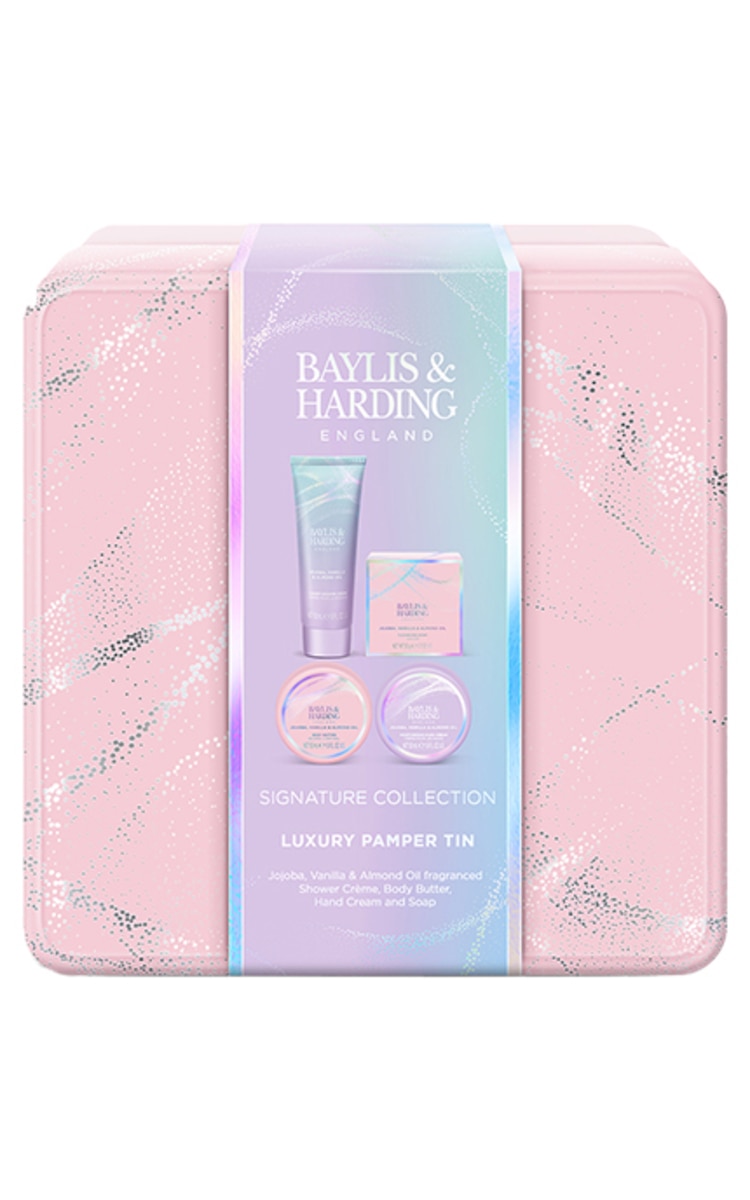 BAYLIS&HARDING BAYLIS & HARDING, JOJOBA VANILLA & ALMOND OIL, LUXURY PAMPER TIN GIFT SET, dovanų rinkinys, 1 vnt. 1 vnt.