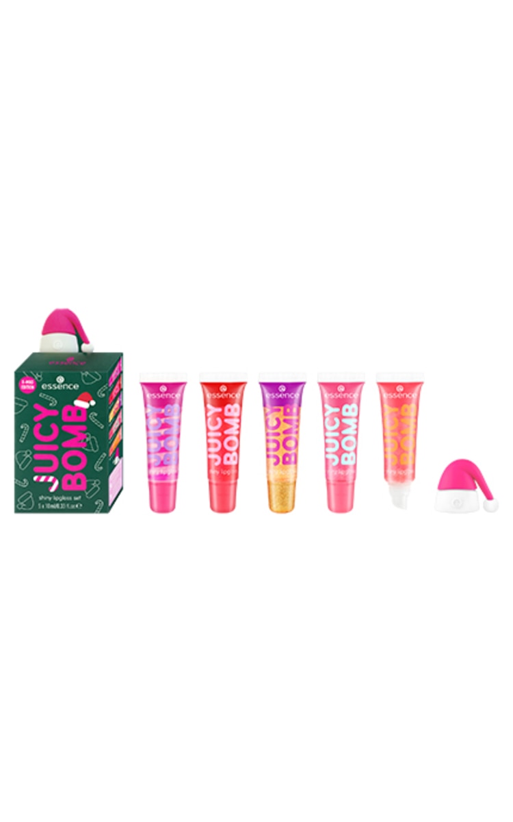 ESSENCE ESSENCE, JUICY BOMB, XMAS EDITION, SHINY LIPGLOSS SET BOX, dovanų rinkinys, 1 vnt.