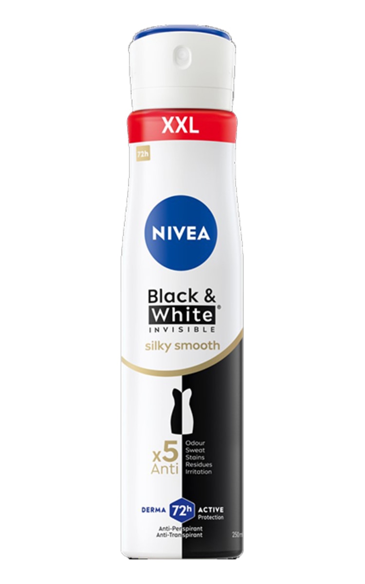 NIVEA NIVEA, BLACK&WHITE SILKY SMOOTH, purškiamasis dezodorantas moterims, 250 ml 250 ml