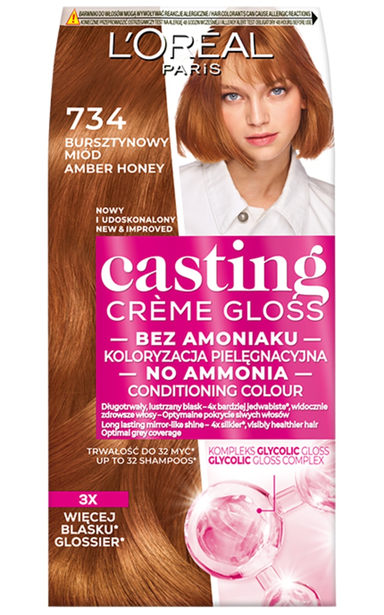 L′ORÉAL PARIS CASTING CREME GLOSS L'OREAL PARIS, CASTING CREME GLOSS, plaukų dažai, 734 AMBER HONEY, 1 vnt.