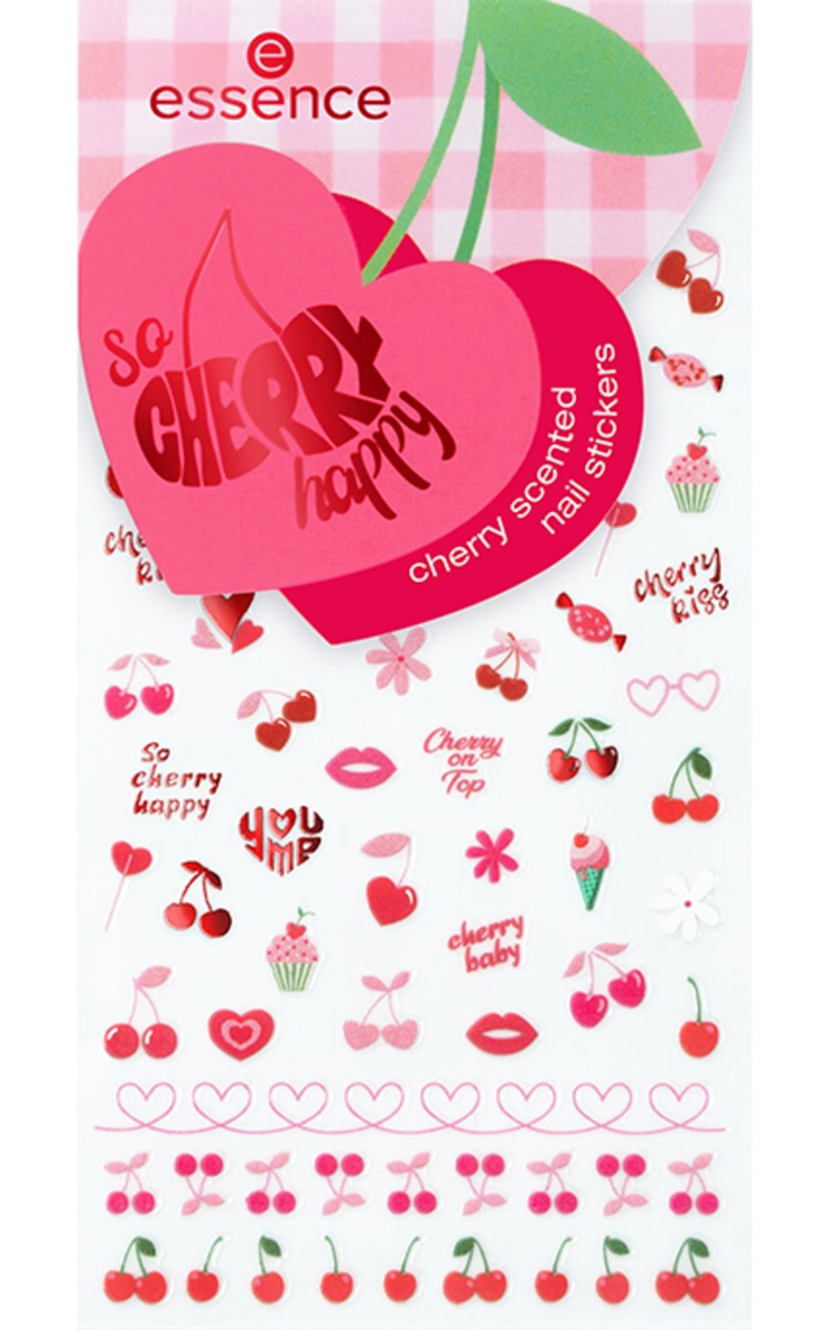ESSENCE ESSENCE, SO CHERRY HAPPY, CHERRY SCENTED NAIL STICKERS, nagų lipdukai, 01 WITH EXTRA CHERRIES,PLEASE!, 78 vnt.