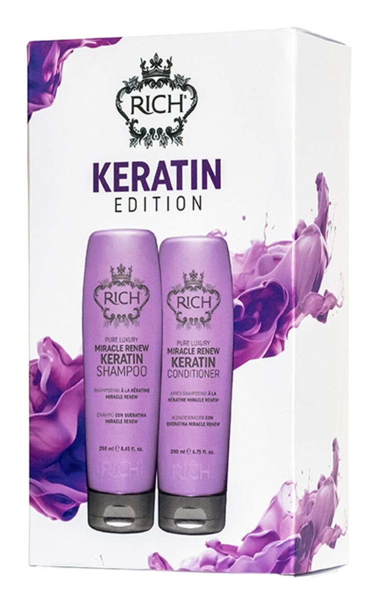 RICH RICH, KERATIN, rinkinys: plaukus maitinantis ir apsaugantis šampūnas 250 ml. ir kondicionierius 200 ml. 1 vnt.