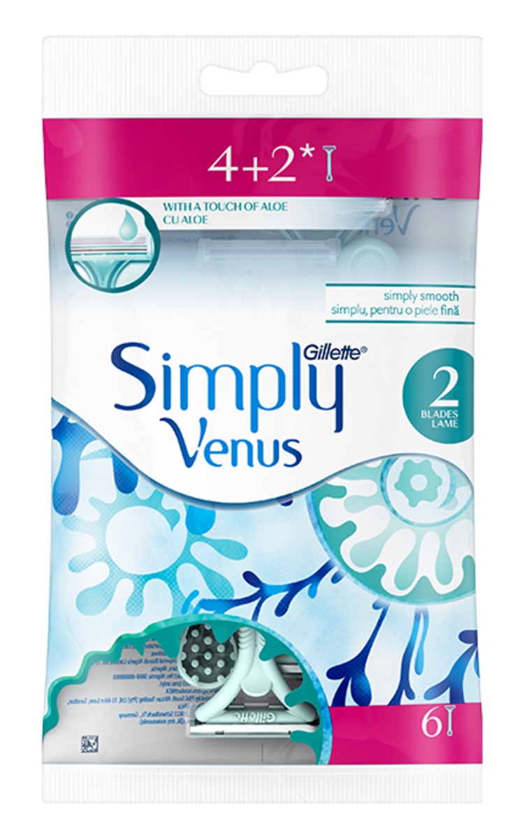 GILLETTE GILLETTE, VENUS SIMPLY2, moteriški vienkartiniai skutimosi peiliukai, 6 vnt. 4 vnt.