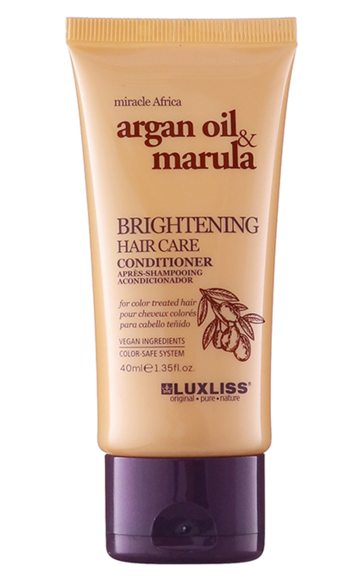 LUXLISS LUXLISS, ARGAN OIL & MARULA, spindesio suteikiantis kondicionierius, dažytiems plaukams, 40 ml.