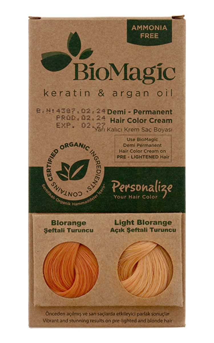 BIOMAGIC BIOMAGIC, pusiau ilgalaikiai plaukų dažai su keratinu ir arganų aliejumi, BLORANGE IR LIGHT BLORANGE, 1 rink. BLORANGE IR LIGHT BLORANGE