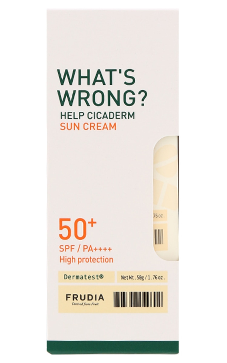 FRUDIA FRUDIA, WHAT'S WRONG, HELP CICADERM, SUN CREAM, PA++++, veido kremas su apsauga nuo saulės, SPF 50+, 50 g.