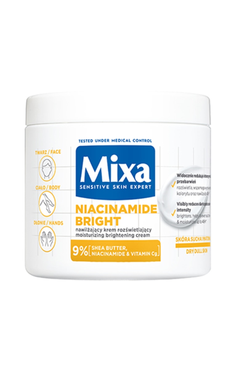 MIXA MIXA, NIACINAMIDE BRIGHT, odą skaistinantis veido, kūno ir rankų kremas, 400 ml.