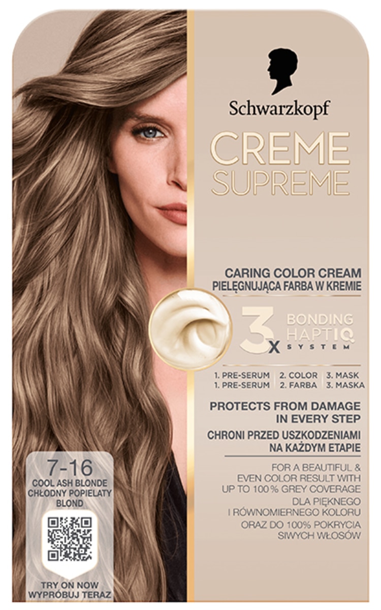 CREME SUPREME SCHWARZKOPF, CREME SUPREME, plaukų dažai, 7-16 COOL ASH BLONDE, 1 vnt.