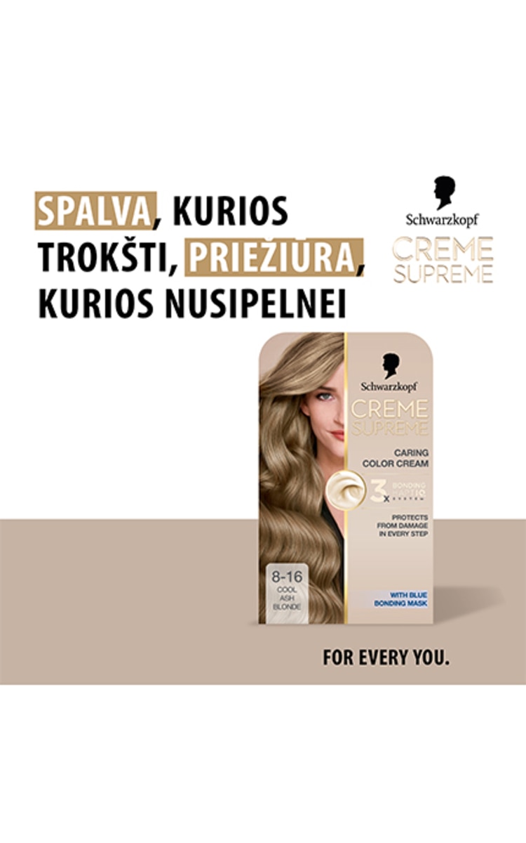 SCHWARZKOPF, CREME SUPREME, plaukų dažai, 8-16 NATURAL ASH BLONDE