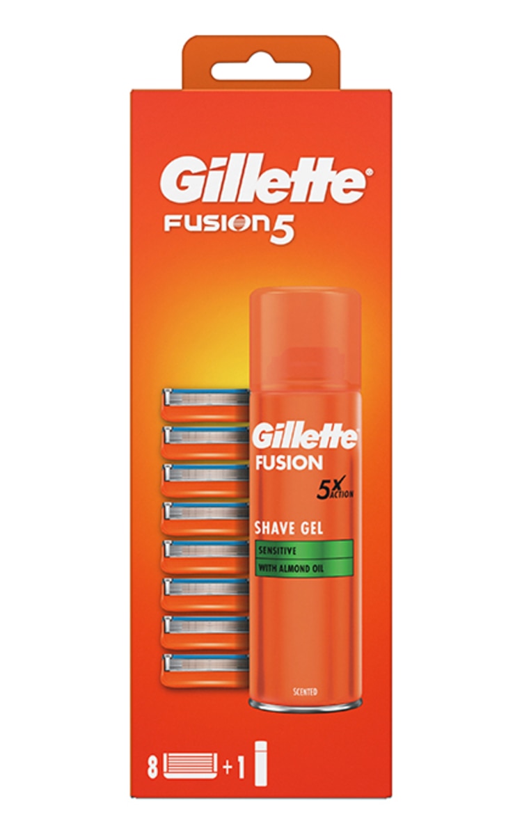 GILLETTE GILLETTE, FUSION, skustuvo galvutės (8 vnt.) + skutimosi gelis (200 ml.) 1 vnt.