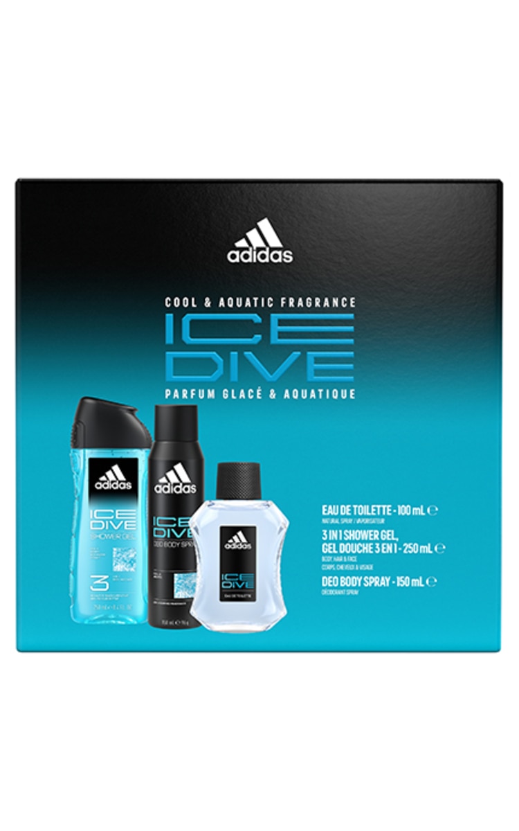 ADIDAS ADIDAS, ICE DIVE, vyriškas tualetinis vanduo 100 ml. + purškiamas dezodorantas 150 ml. + dušo želė 250 ml. 1 vnt.