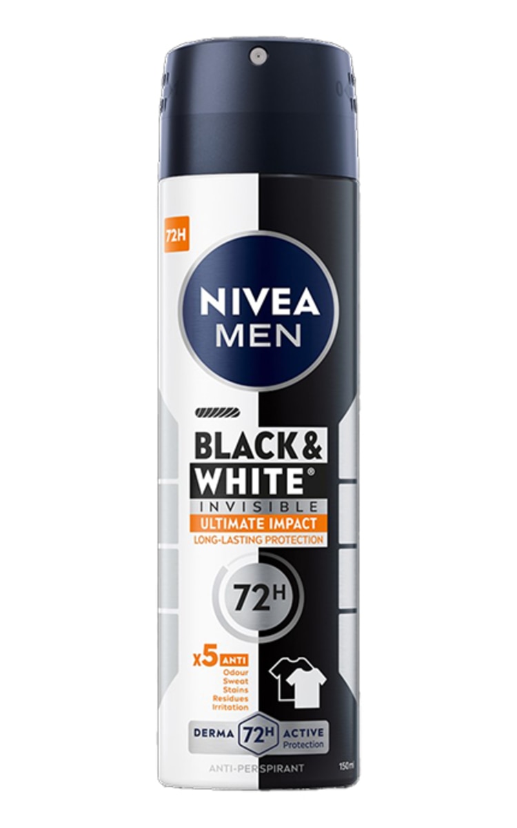 NIVEA MEN NIVEA MEN, BLACK&WHITE ULTIMATE IMPACT, purškiamasis dezodorantas vyrams, 150 ml 150 ml