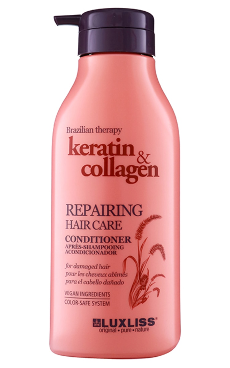 LUXLISS LUXLISS, KERATIN & COLLAGEN, maitinamasis ir atstatomasis kondicionierius pažeistiems ir dažytiems plaukams, 500 ml.