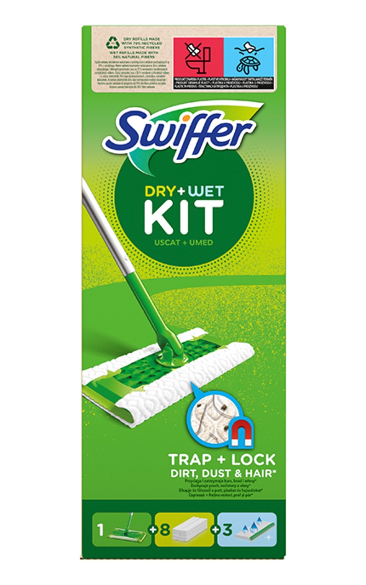 SWIFFER SWIFFER, sausos (8vnt.) ir šlapios (3vnt.) grindų šluostės su šluota, rinkinys