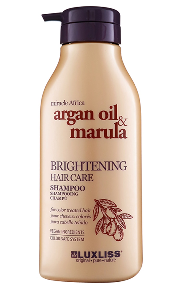 LUXLISS LUXLISS, ARGAN OIL & MARULA, spindesio suteikiantis šampūnas, pažeistiems ir dažytiems plaukams, 500 ml.