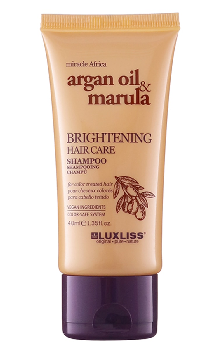LUXLISS LUXLISS, ARGAN OIL & MARULA, spindesio suteikiantis šampūnas, dažytiems plaukams, 40 ml.