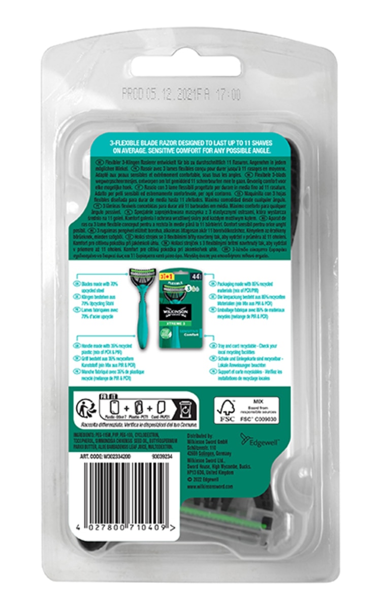 WILKINSON SWORD WILKINSON SWORD, XTREME3 SENSITIVE, vyriški vienkartiniai skustuvai, 3+1 vnt. 4 vnt.