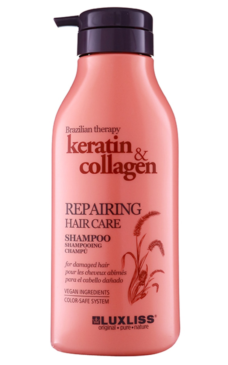 LUXLISS LUXLISS, KERATIN & COLLAGEN, maitinamasis ir atstatomasis šampūnas pažeistiems ir dažytiems plaukams, 500 ml.