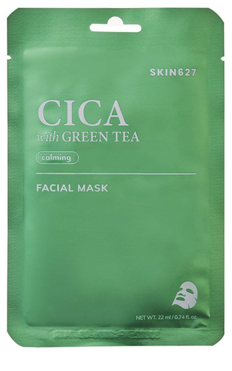 SKIN627 SKIN627, lakštinė veido kaukė, raminamoji, su cica ir žaliąja arbata, 22 ml.