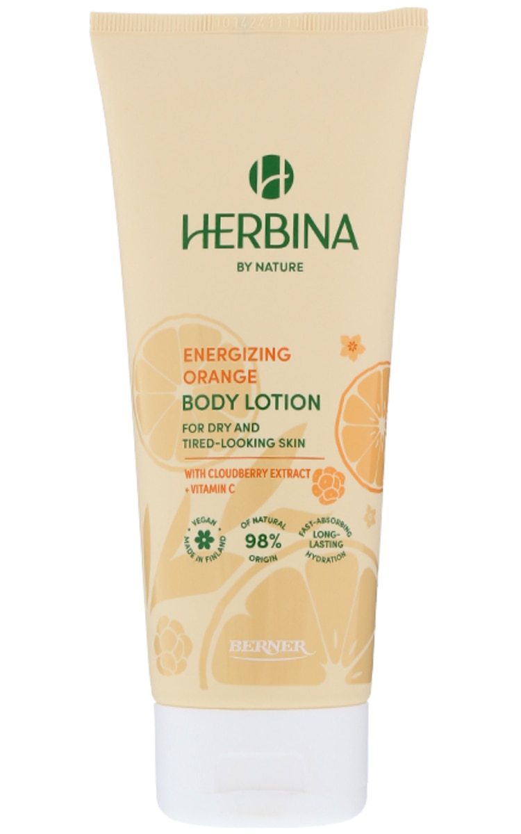 HERBINA, drėkinamasis kūno losjonas su energijos suteikiančiu apelsinų aromatu, 200 ml.