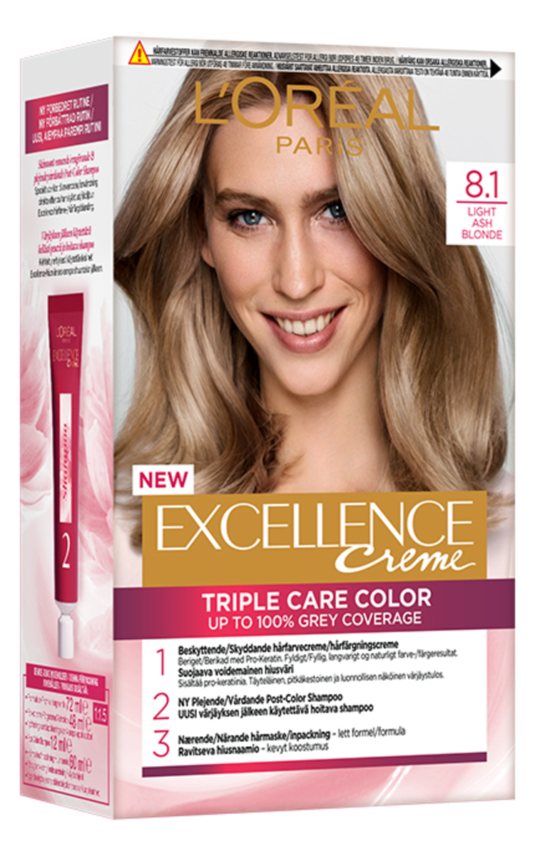 L′ORÉAL PARIS EXCELLENCE CREME L′ORÉAL PARIS, EXCELLENCE CREME, ilgalaikiai plaukų dažai, 8.1 Light Ash Blonde, 1 vnt.