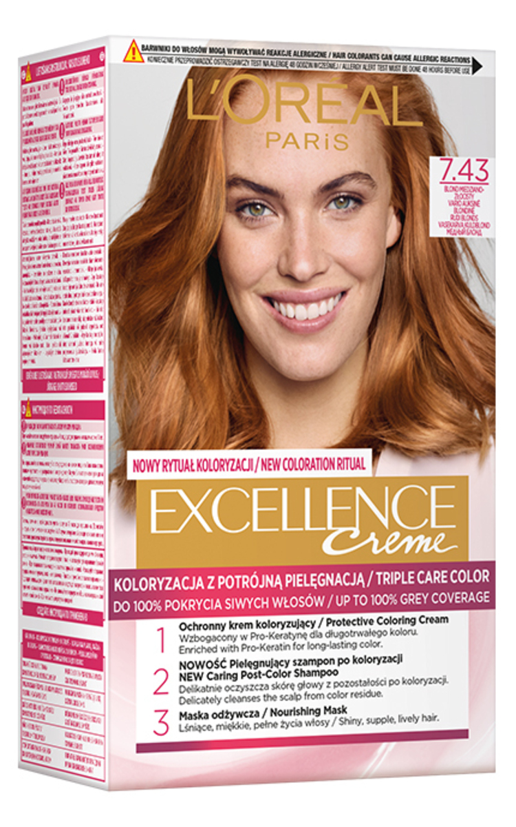 L′ORÉAL PARIS EXCELLENCE CREME L′ORÉAL PARIS, EXCELLENCE CREME, ilgalaikiai plaukų dažai, 7.43 Vario auksinė blondinė, 1 vnt.