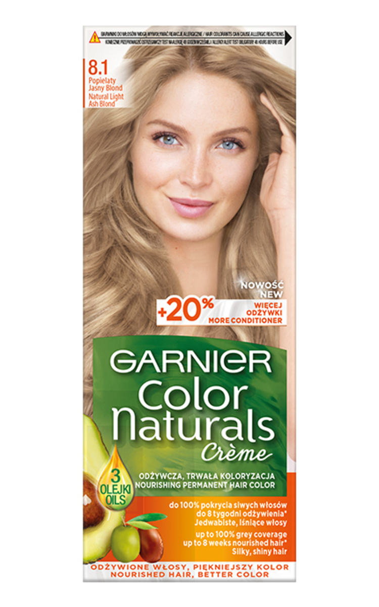 GARNIER COLOR NATURALS GARNIER, COLOR NATURALS, 8.1 NATURAL LIGHT ASH BLONDE, maitinamieji plaukų dažai, 1 vnt.