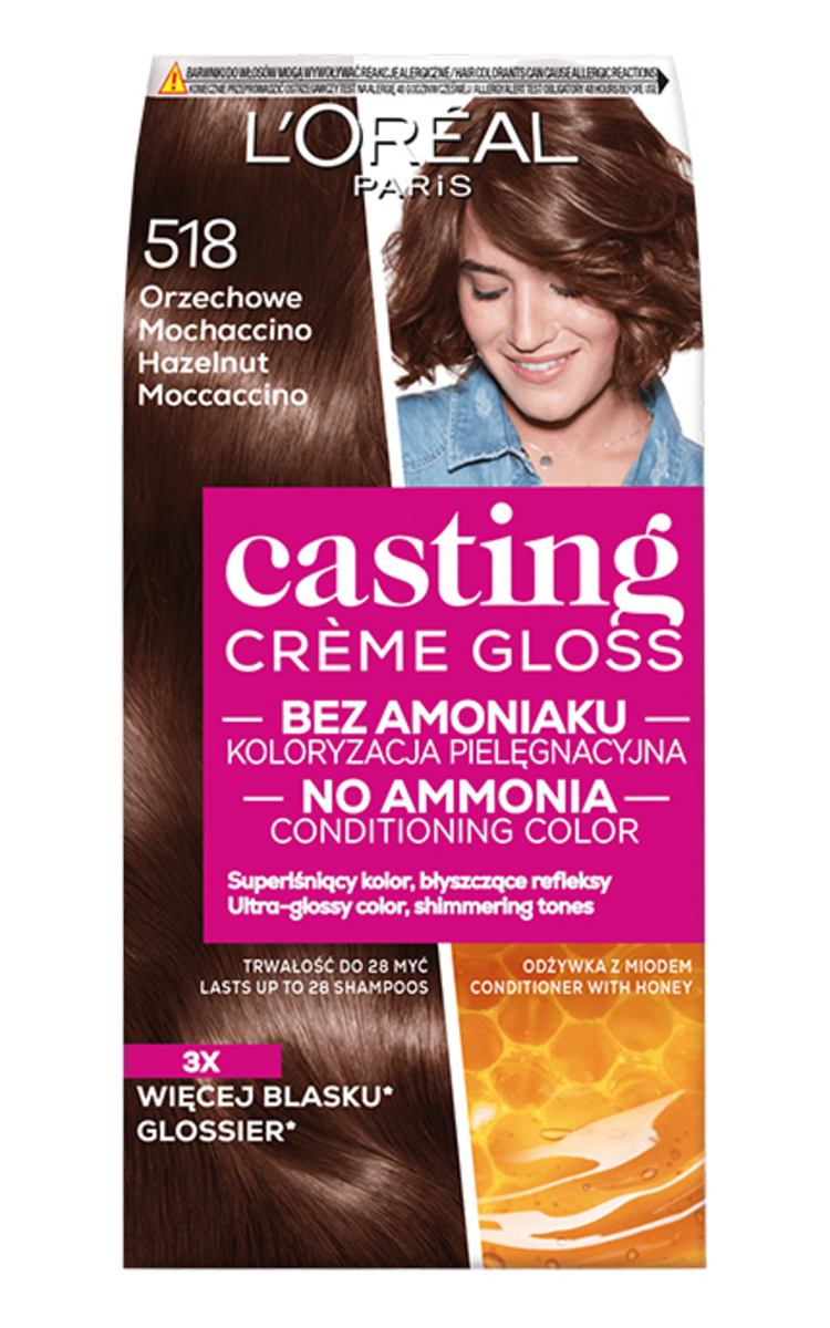 L′ORÉAL PARIS CASTING CREME GLOSS L′ORÉAL PARIS CASTING CREME GLOSS, pusiau ilgalaikiai plaukų dažai be amoniako, 518 Hazelnut Moccaccino, 1 vnt.