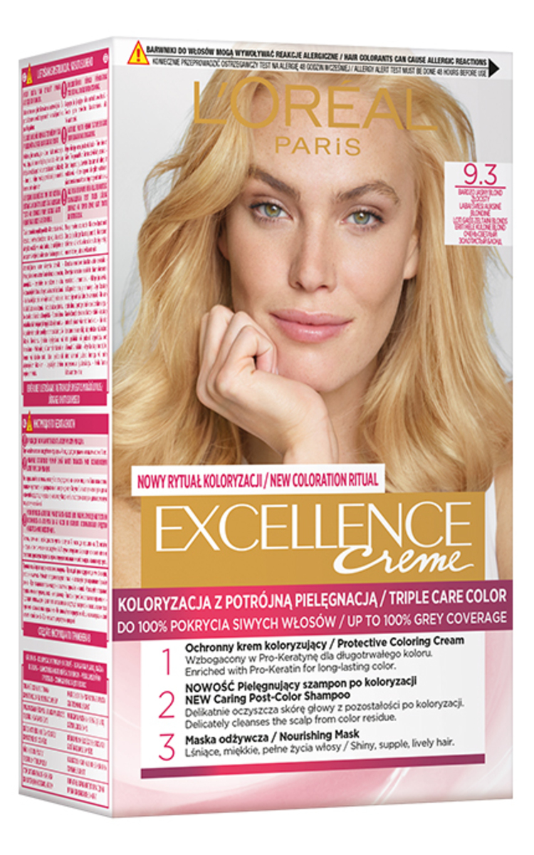 L′ORÉAL PARIS EXCELLENCE CREME L′ORÉAL PARIS, EXCELLENCE CREME, ilgalaikiai plaukų dažai, 9.3 Labai šviesi auksinė blondinė, 1 vnt.