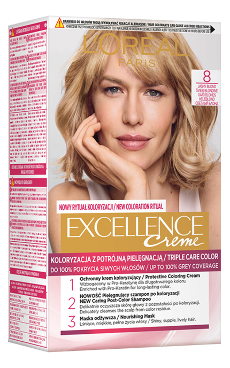 L′ORÉAL PARIS EXCELLENCE CREME L′ORÉAL PARIS, EXCELLENCE CREME, ilgalaikiai plaukų dažai, 8 Šviesi Blondinė, 1 vnt.