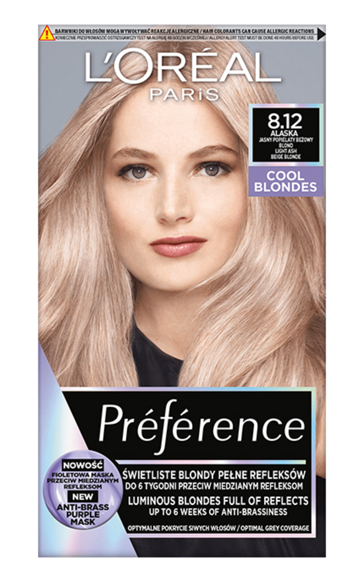 L′ORÉAL PARIS PREFERENCE L'ORÉAL PARIS PREFERENCE, COOL BLONDS, plaukų dažai, 8.12 LIGHT ASH BEIGE BLONDE, 1 vnt. 8.12 Alaska