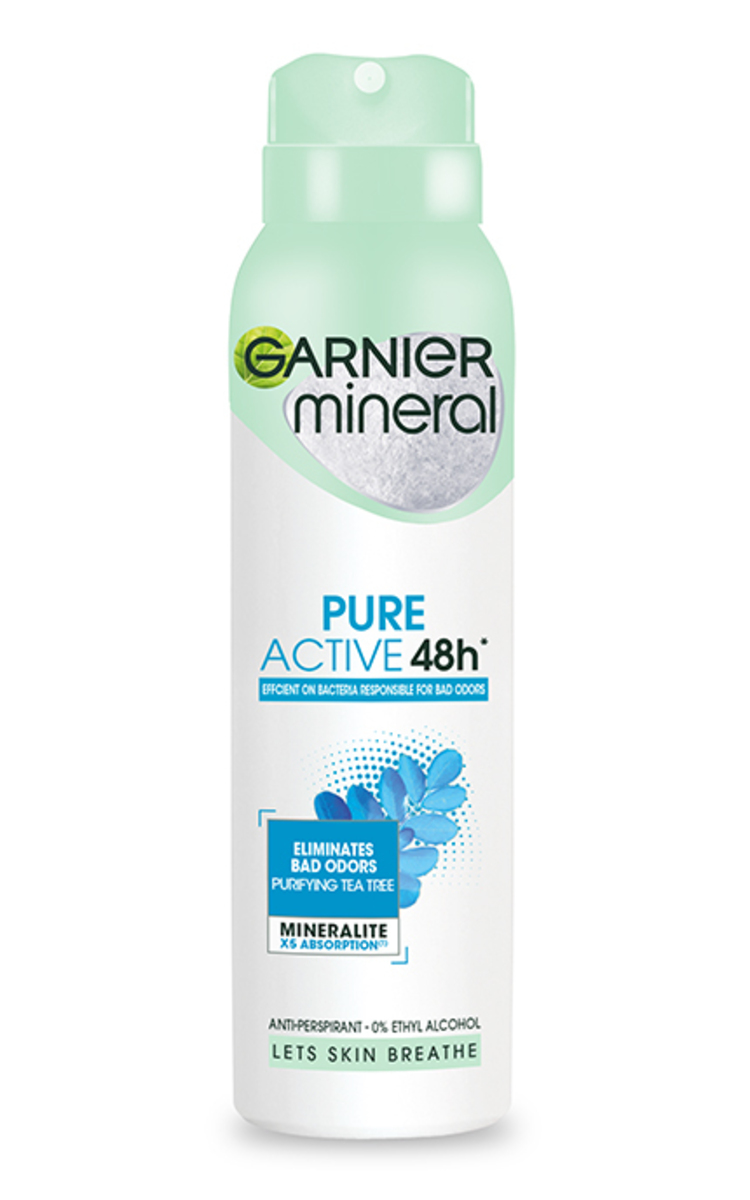 GARNIER GARNIER MINERAL, PURE ACTIVE 48H, purškiamas antiperspirantas moterims, 150 ml.  150 ml