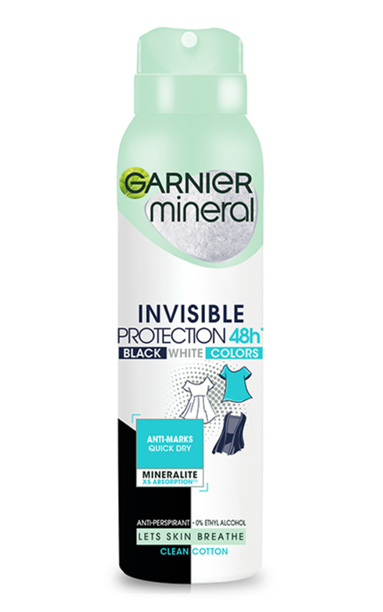 GARNIER GARNIER MINERAL, INVISIBLE PROTECTION CLEAN COTTON, purškiamas antiperspirantas, 150 ml. 150 ml