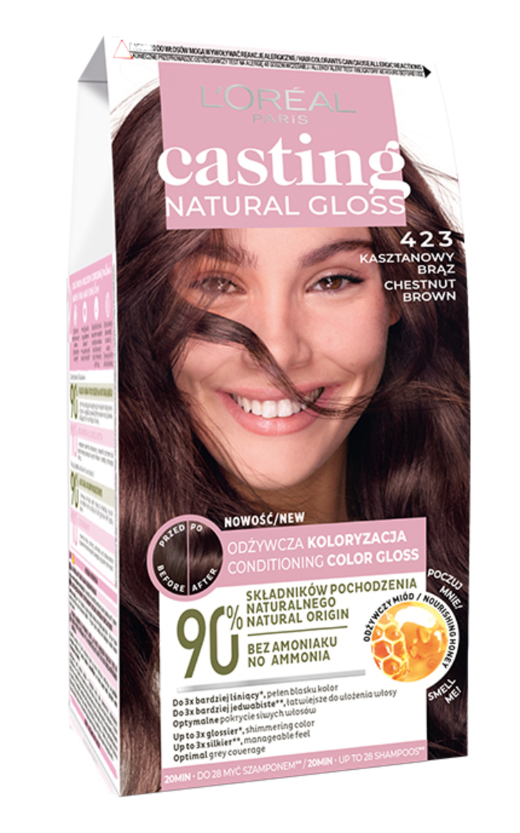 L′ORÉAL PARIS CASTING CREME GLOSS L'OREAL PARIS, CASTING NATURAL GLOSS, pusiau ilgalaikiai plaukų dažai be amoniako, 423 BROWN NOISETTE, 1 vnt. 1 vnt.