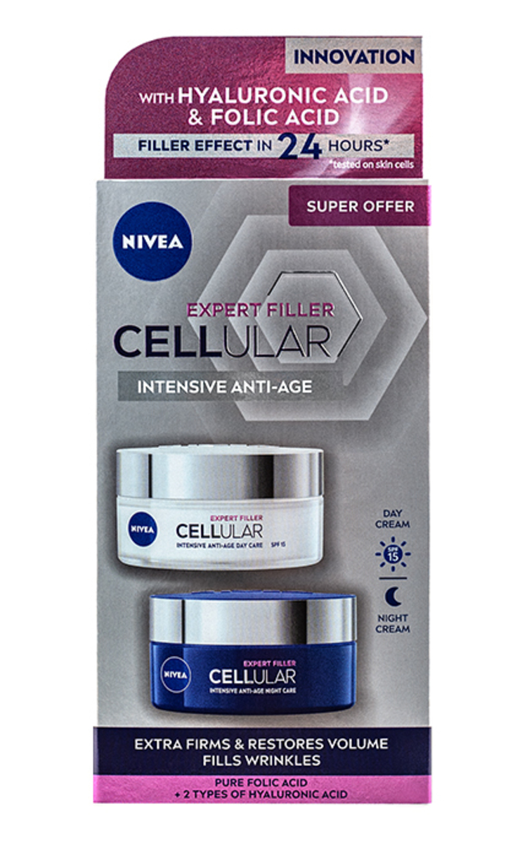 NIVEA NIVEA, CELLULAR FILLER, veido priežiūros rinkinys, 50 ml dieninis kremas + 50 ml naktinis kremas 1 vnt.