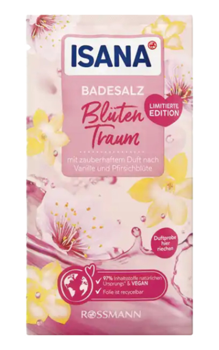 ISANA ISANA, BLÜTEN TRAUM, vanilės ir persikų žiedų aromato vonios druska, 80 g. 80 g