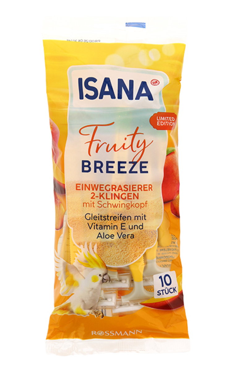 ISANA ISANA, FRUITY BREEZE, dviašmeniai vienkartiniai skustuvai lanksčia galvute, juostelės su vitaminu E ir alavijais, 10 vnt.  10 vnt.