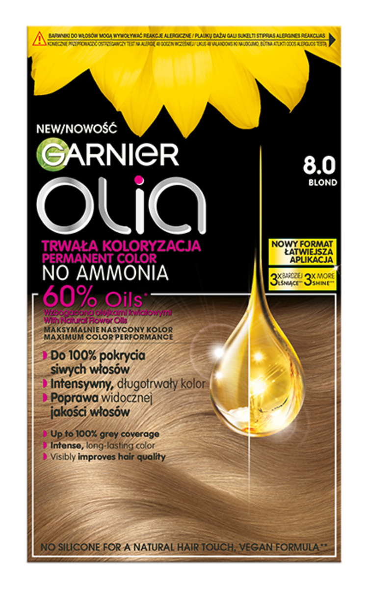 GARNIER OLIA GARNIER, OLIA, ilgalaikiai aliejiniai plaukų dažai be amoniako, 8.0 BLOND, 1 vnt. 1 vnt.