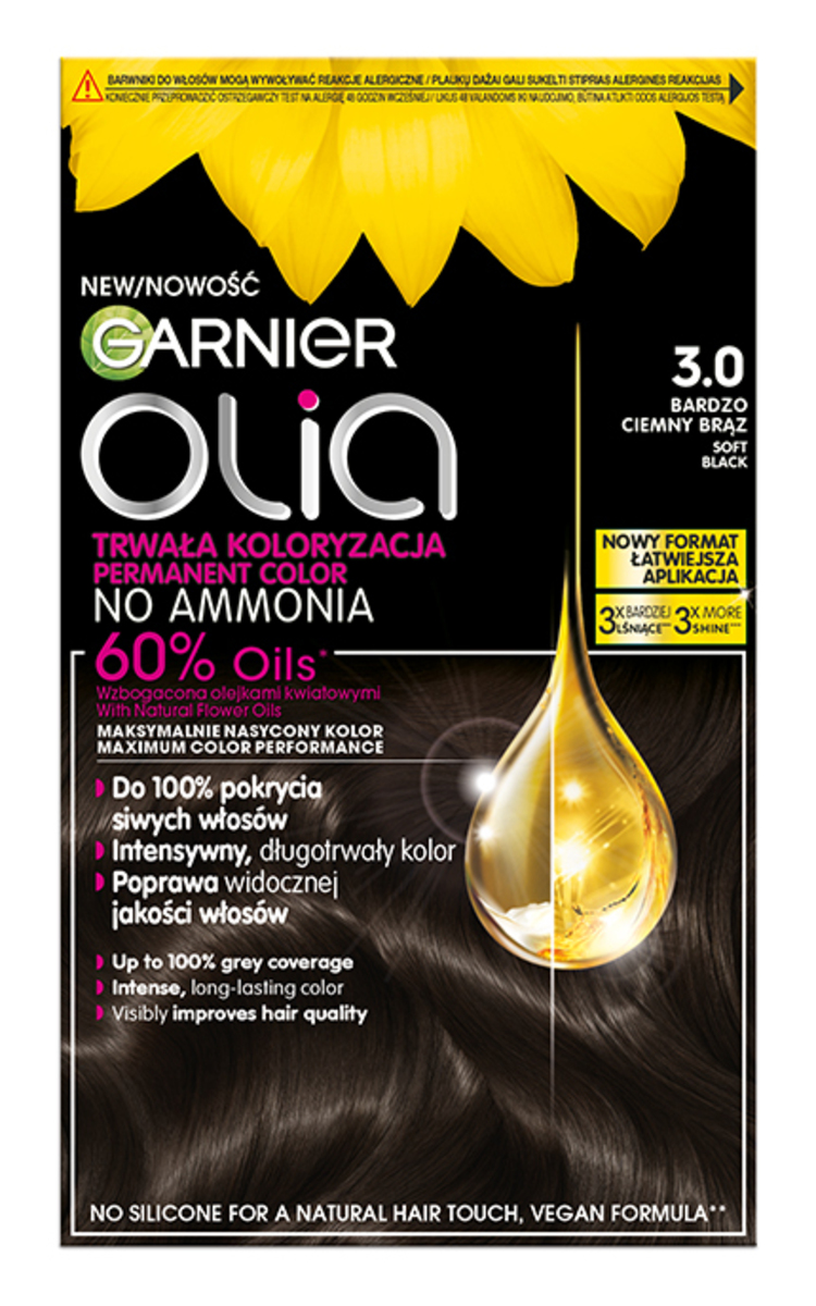 GARNIER OLIA GARNIER, OLIA, ilgalaikiai aliejiniai plaukų dažai be amoniako, 3.0 SOFT BLACK, 1 vnt. 1 vnt.