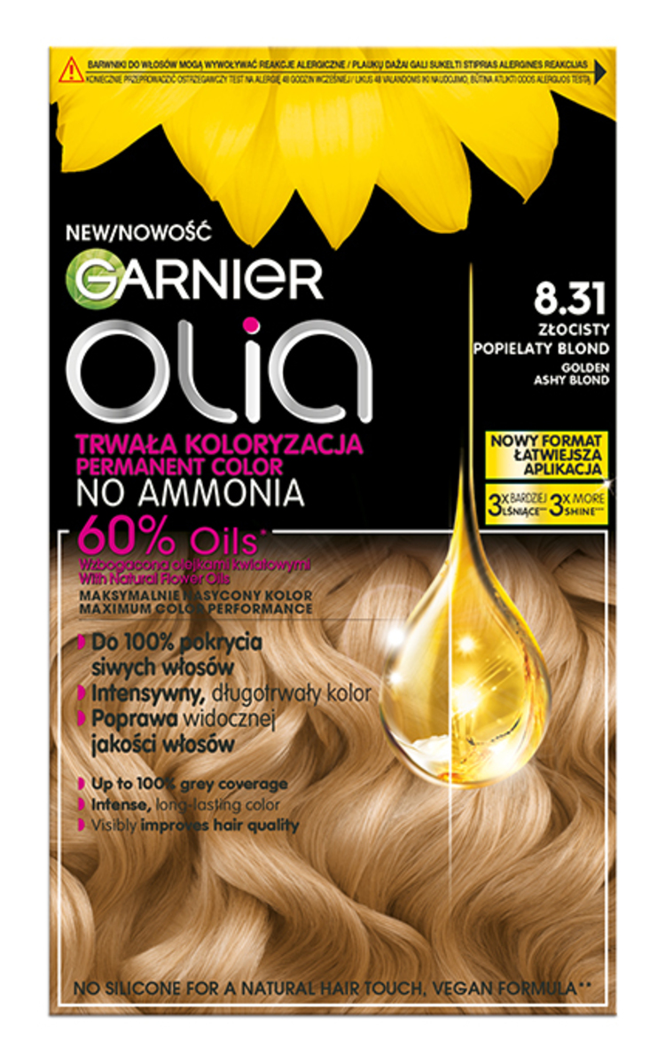 GARNIER OLIA GARNIER, OLIA, ilgalaikiai aliejiniai plaukų dažai be amoniako, 8.31 GOLDEN ASHY BLOND, 1 vnt. 1 vnt.