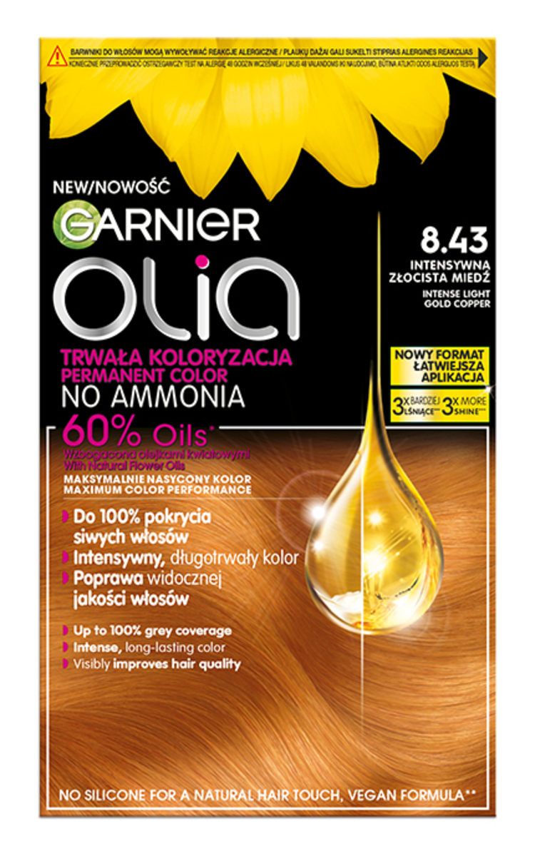 GARNIER OLIA GARNIER, OLIA, ilgalaikiai aliejiniai plaukų dažai be amoniako, 8.43 INTENSE LIGHT GOLD COPPER, 1 vnt. 1 vnt.